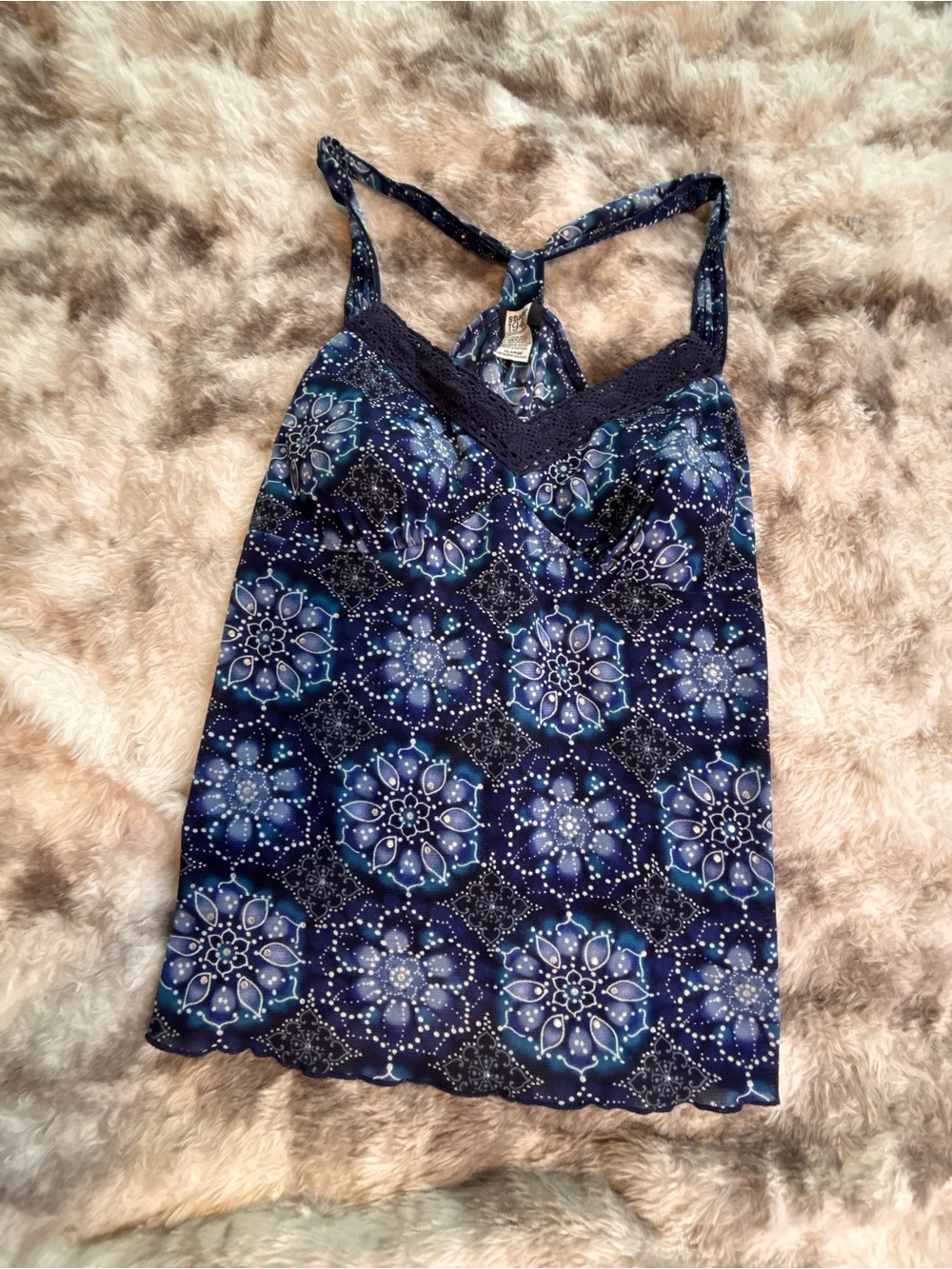 Studio 1940 Navy and Light Blue Printed Lace-Trim Tank